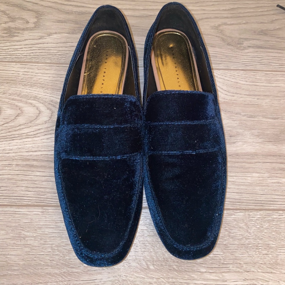 Zara Navy Velvet Loafers